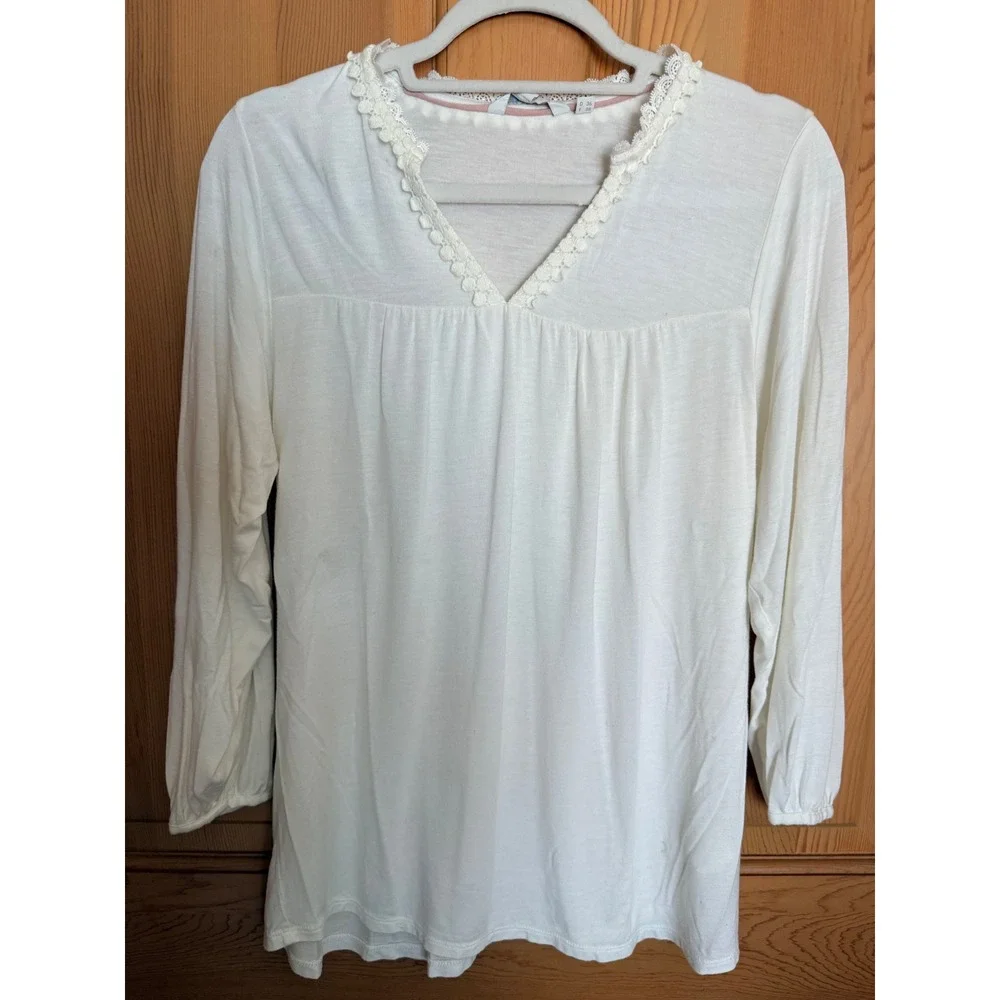 Boden Crochet Lace V-Neck Top US 6 Ivory Modal Long Sleeve Tunic Peasant Cottage
